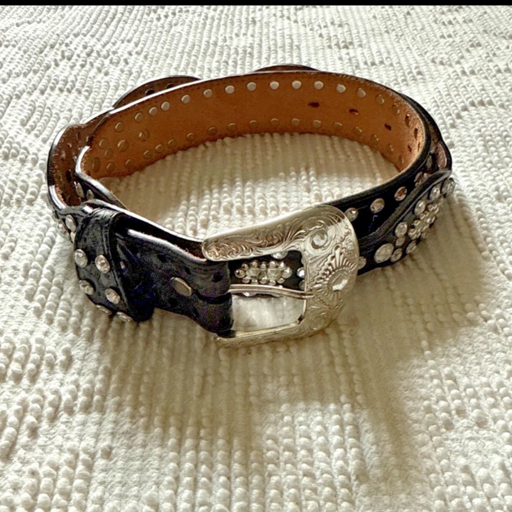 Women’s Black Leather Belt with Silver Buckle and Rhinestones Great Condition!